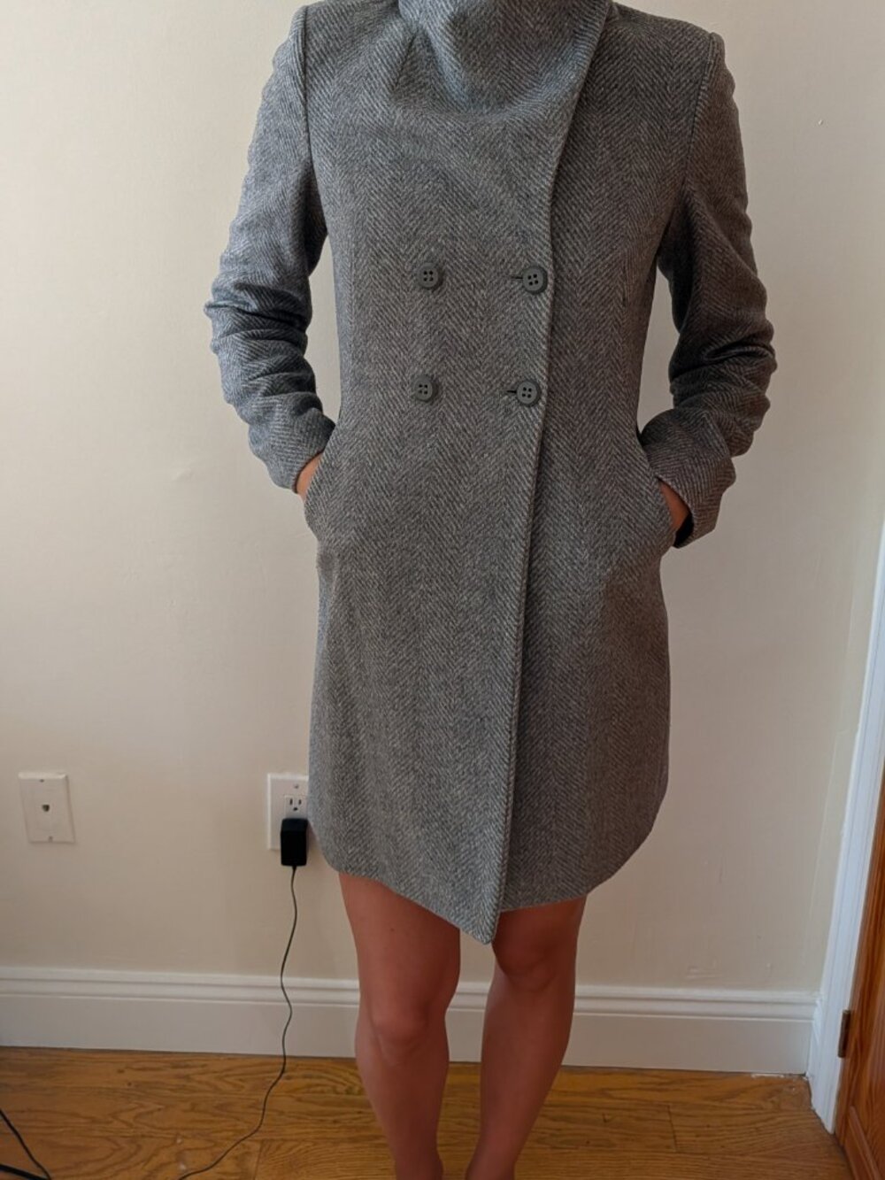 United Colors of Benetton Grey Herringbone Wool Coat Italian Size 40 US 4 Small - Picture 9 of 16